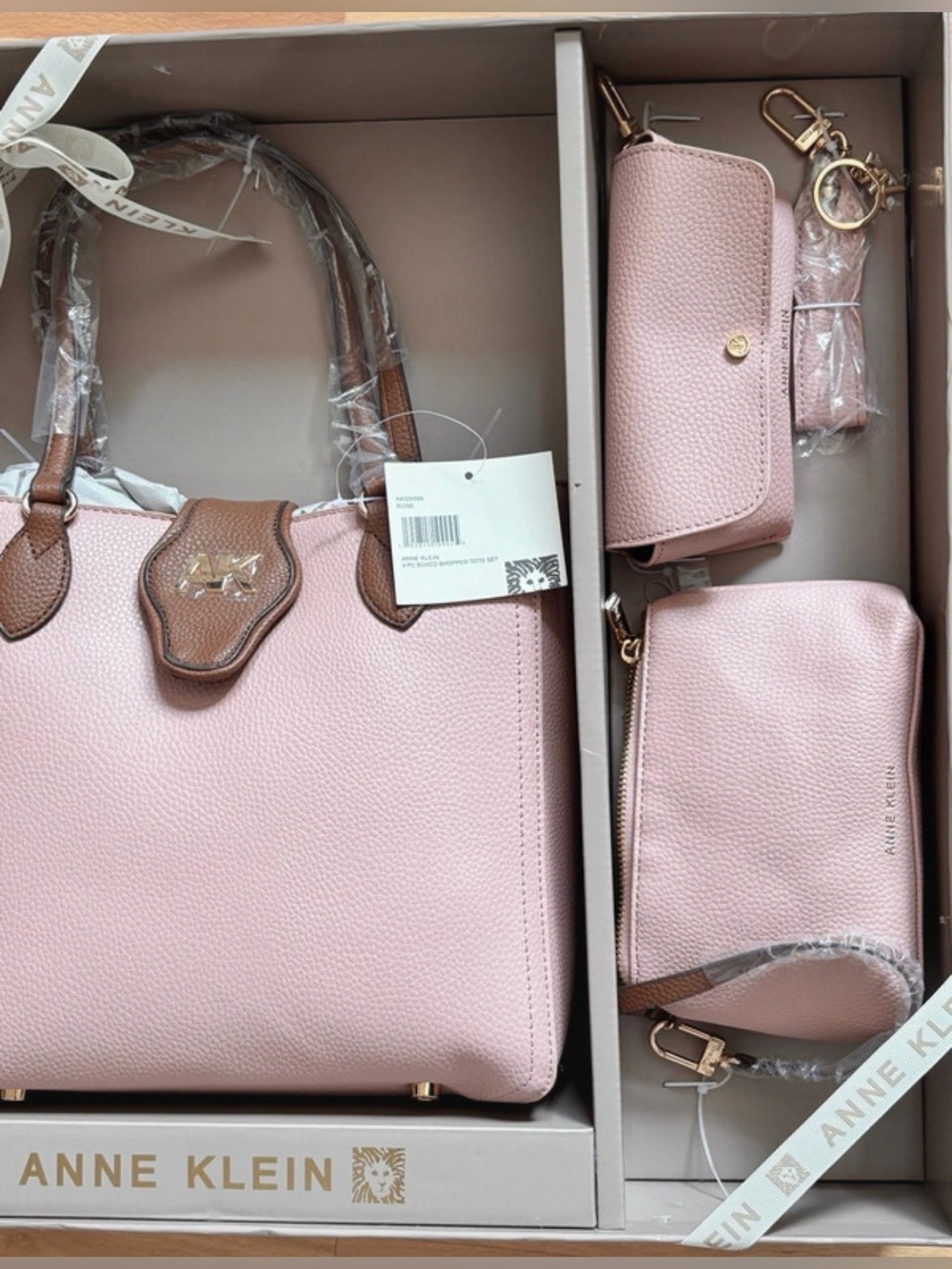Anne Klein Pink Tote with Brown Trim and Matching Accessories - Picture 2 of 4